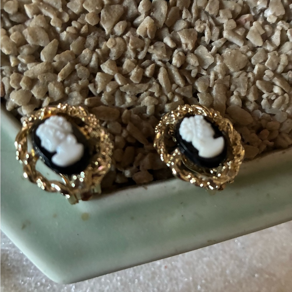 Gold and Black Cameo Earrings